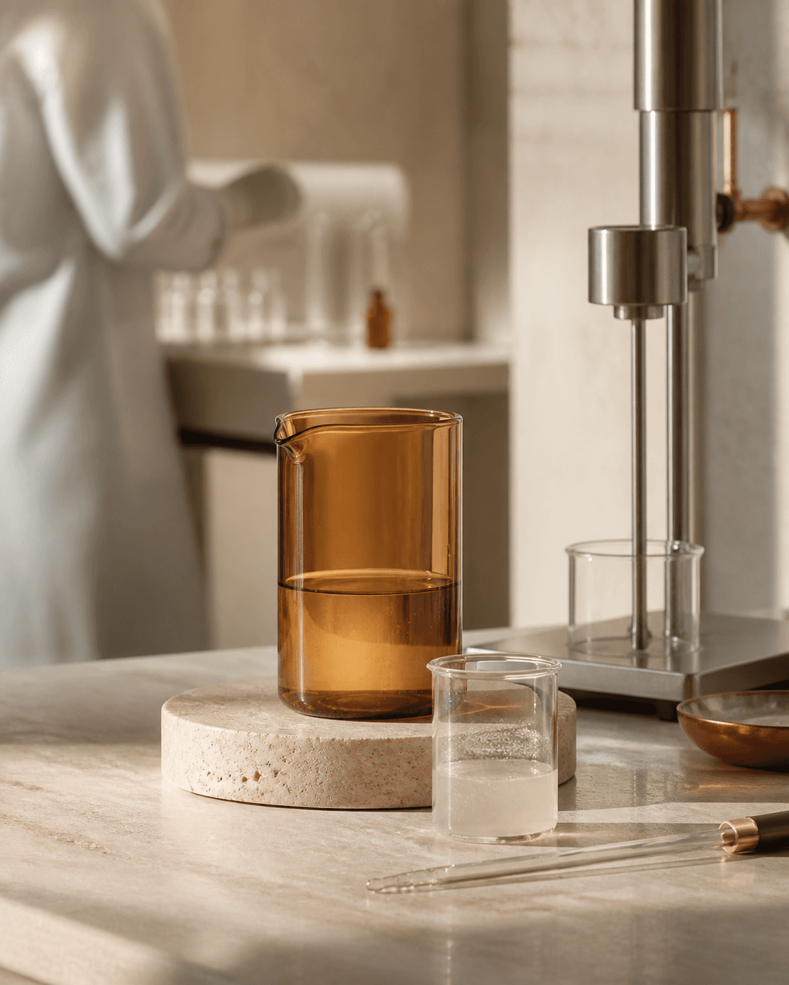Glass beakers and a formulation mixer on a sunlit laboratory workbench