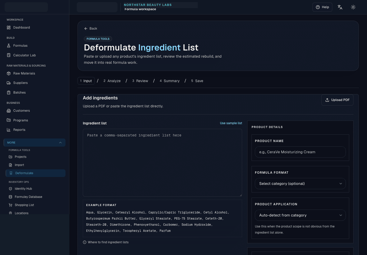 AI Deformulator workflow showing formulation-aware ingredient review, human review positioning, and decision-support context.