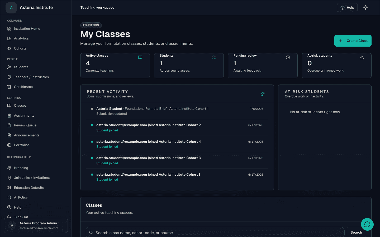 Formuley Edu classes view showing active classes, learner activity, pending review, and at-risk students inside one branded education workspace.
