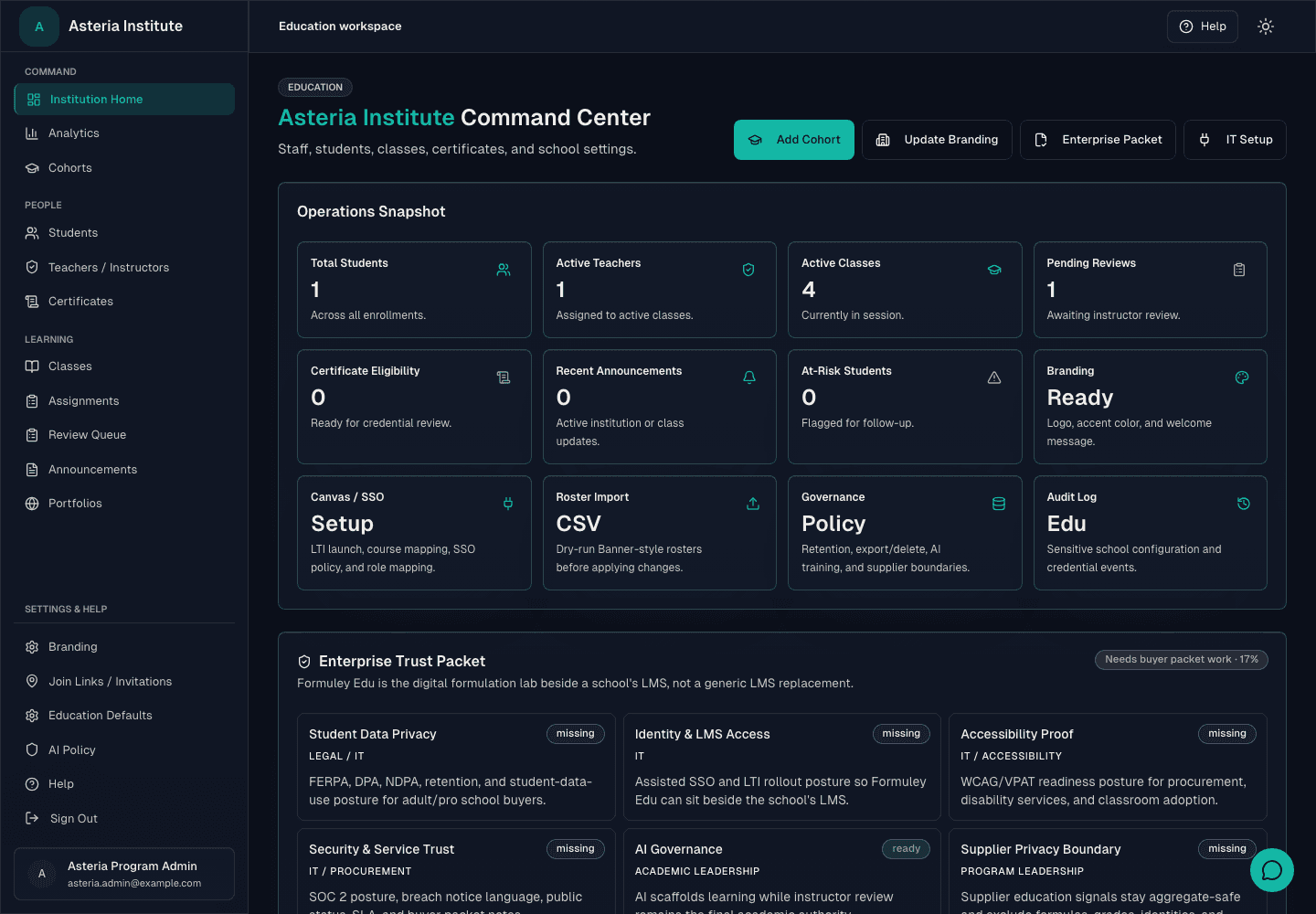 Formuley Edu command center showing institution operations, active classes, review posture, readiness, and AI teaching policy in one school-managed workspace.