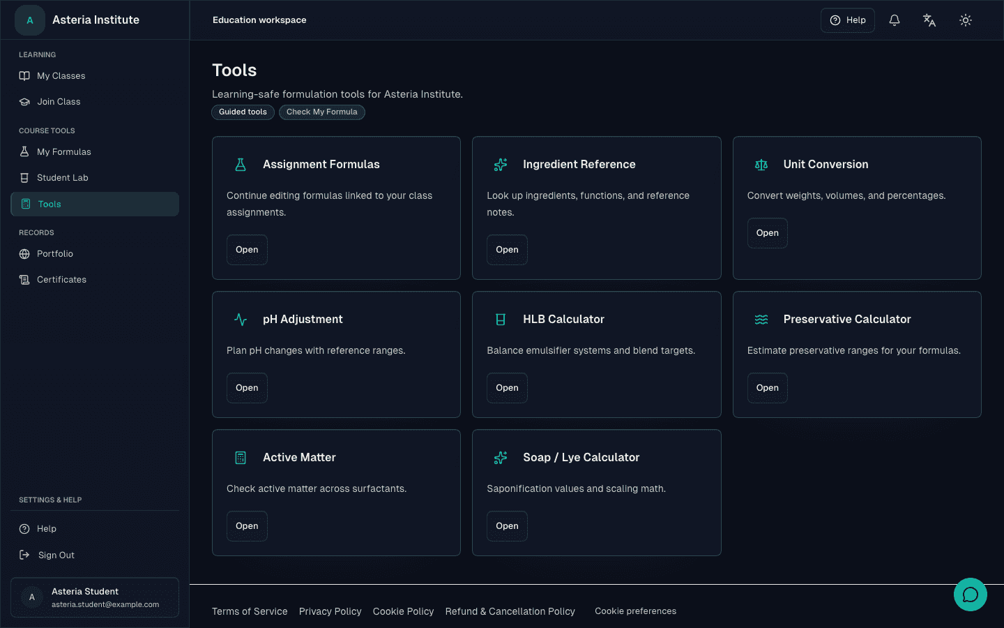 Formuley Edu guided tools page showing Check My Formula, Ingredient Reference, Unit Conversion, pH Adjustment, HLB, Preservative, Active Matter, and Soap Lye tools for Asteria Institute learners.