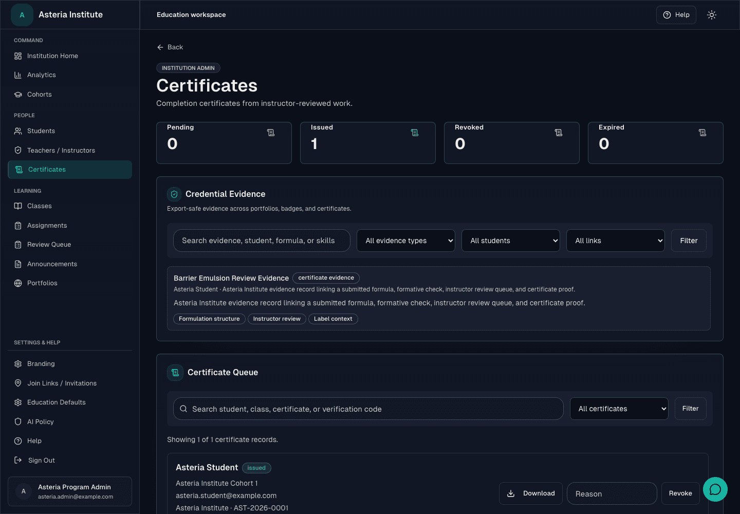 Formuley Edu portfolio evidence view showing student-owned work, credential proof, and public verification context.