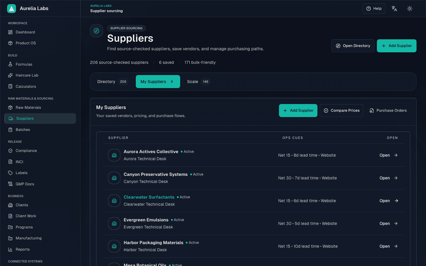 Formuley Enterprise source evidence view showing supplier records, raw material context, source readiness, and controlled product launch evidence.