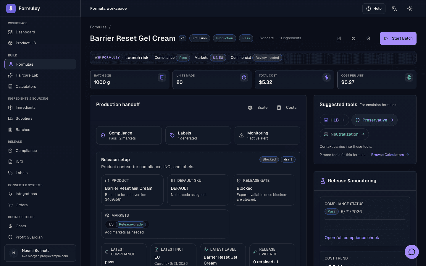 Formuley formula record showing cost, batch size, launch risk, compliance status, generated label, release setup, and monitoring context.