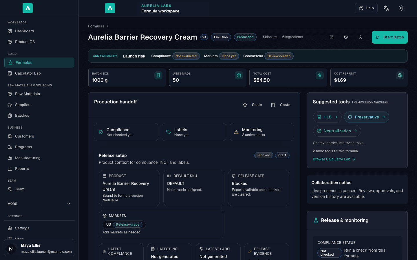 Formula record for Aurelia Barrier Recovery Cream showing cost, release readiness, evidence needed, label status, Packaging BOM, claims, testing, and batch context.