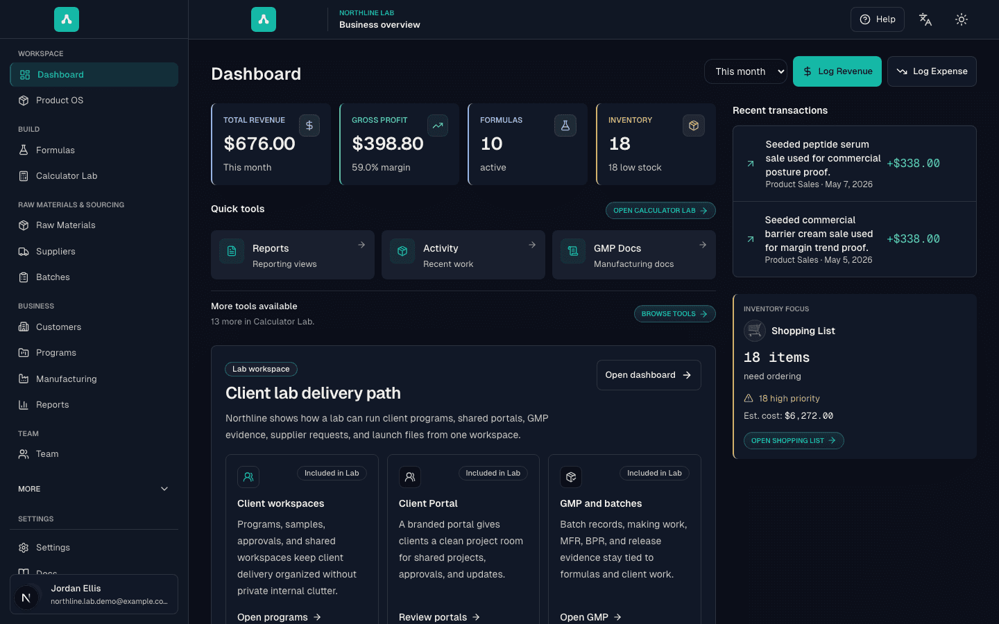 Formuley Lab workspace showing a multi-product client program