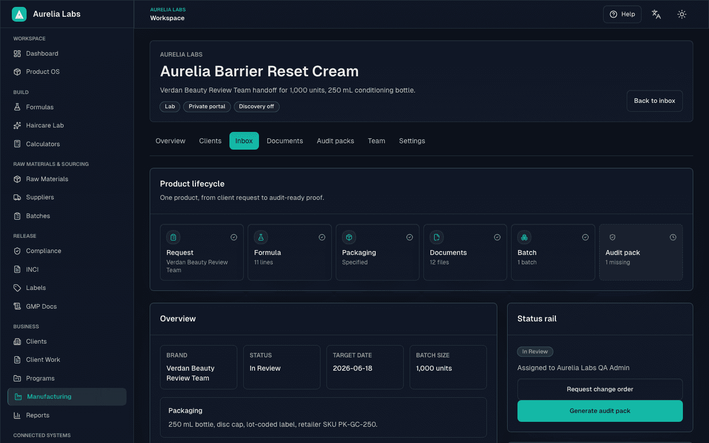 Private Manufacturing Portal view showing relationship-scoped clients, handoffs, documents, audit packs, status rail, and access boundaries for controlled lab handoff work.
