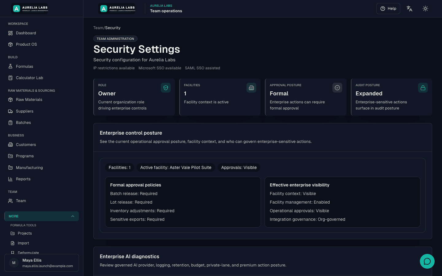 Formuley Enterprise security settings view showing team roles, facility scope, approval posture, audit posture, permissions, reports, and governed access controls.