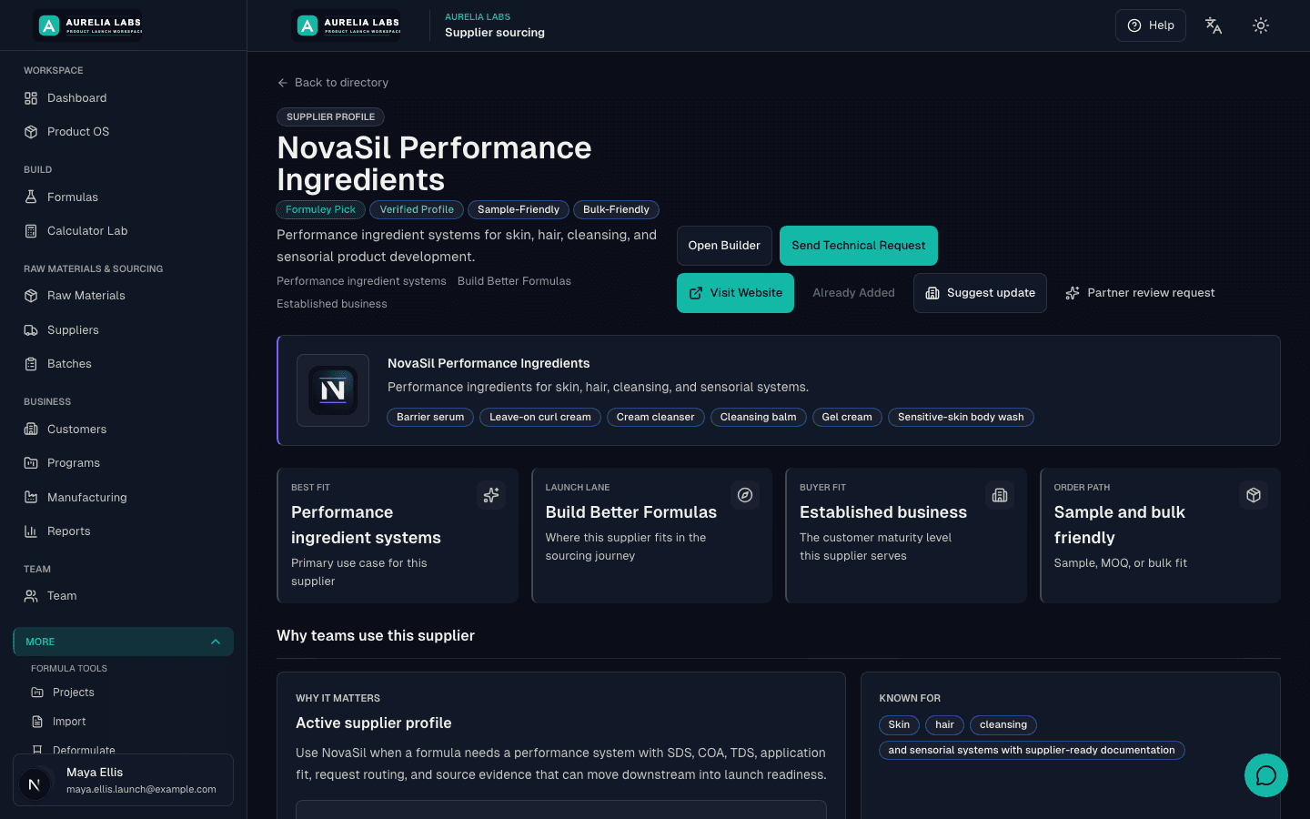 Formuley supplier profile for NovaSil Performance Ingredients showing partner badges, product systems, supplier-safe technical request actions, and builder entry points.