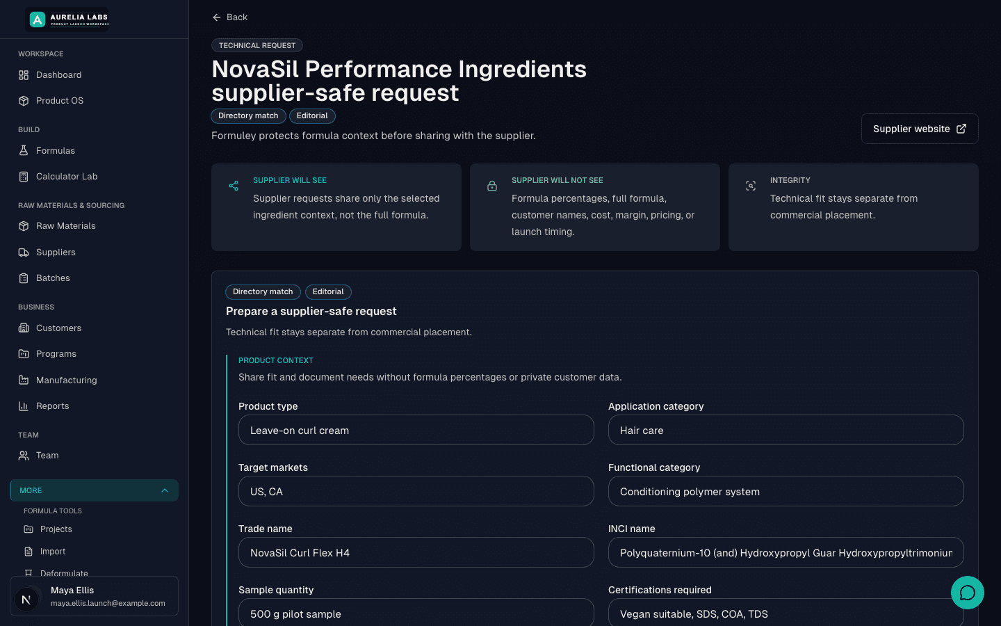 Formuley supplier-safe request page showing what NovaSil will see, what the supplier will not see, technical request context, and protected formula, cost, margin, customer, and launch timing boundaries.