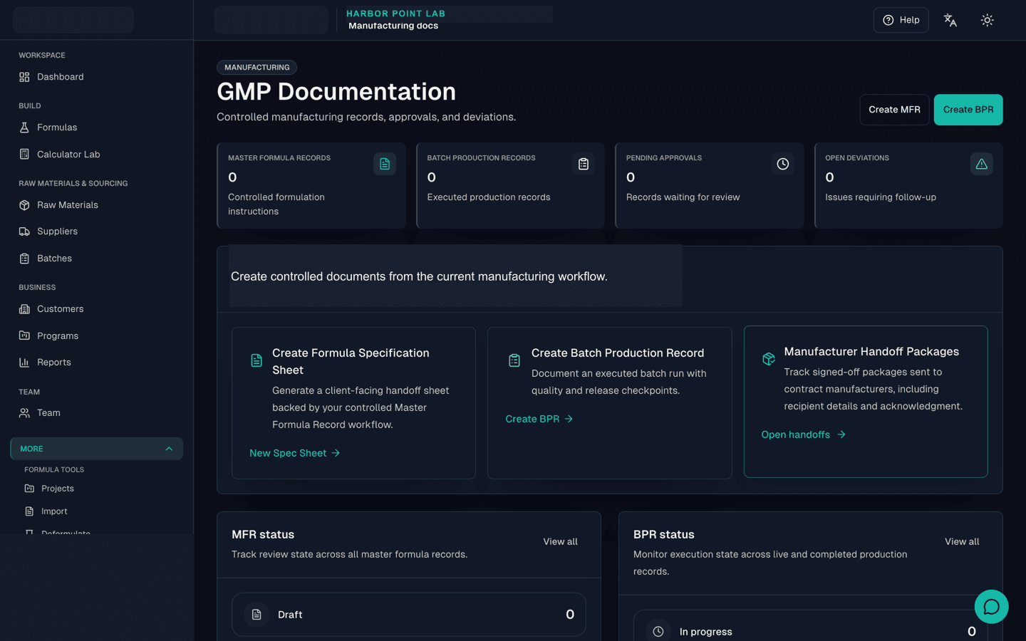 Harbor Point Lab manufacturing docs workspace showing master formula records, batch production records, pending approvals, open deviations, and manufacturer handoff packages.