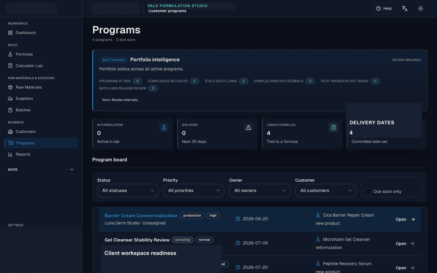Vale Formulation Studio programs board showing active client work, delivery dates, linked formulas, and client workspace readiness on one dark operational board.