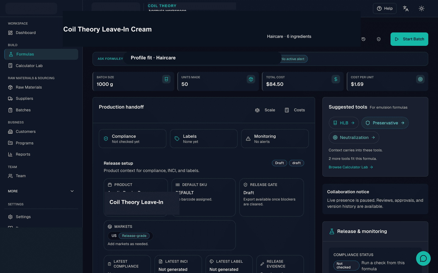 Coil Theory formula workspace for Coil Theory Leave-In Cream showing a profile-fit haircare view, 1,000 g batch size, 50 units made, cost summary, release setup, and suggested tools.