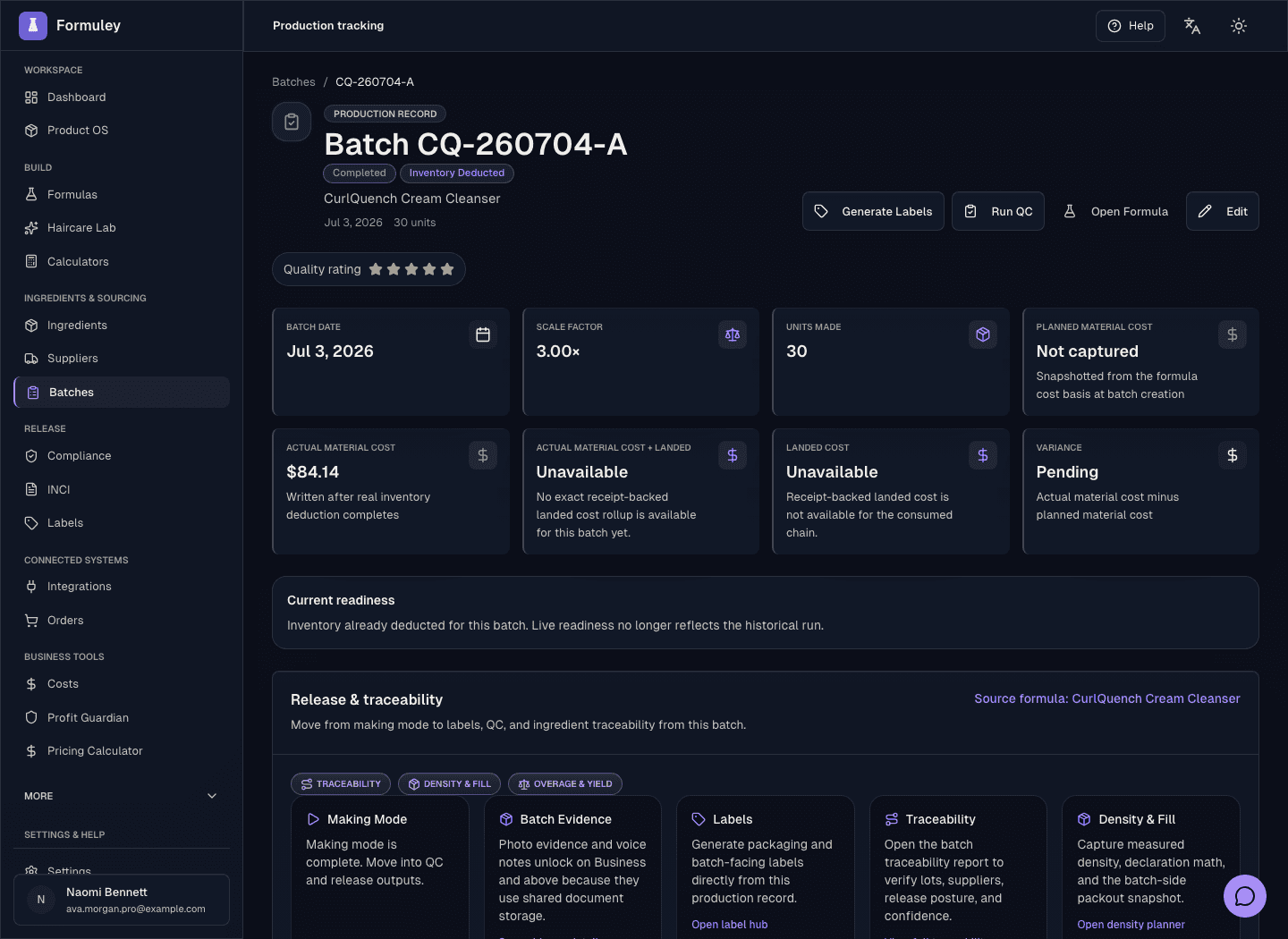 Formuley haircare batch record showing completed production details, release and traceability actions, labels, quality context, and batch evidence.