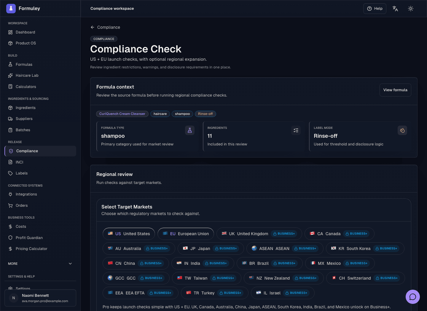 Formuley Haircare Lab compliance workspace showing formula context, target market selection, regional review, and warning-level checks for a profile-aware haircare formula.