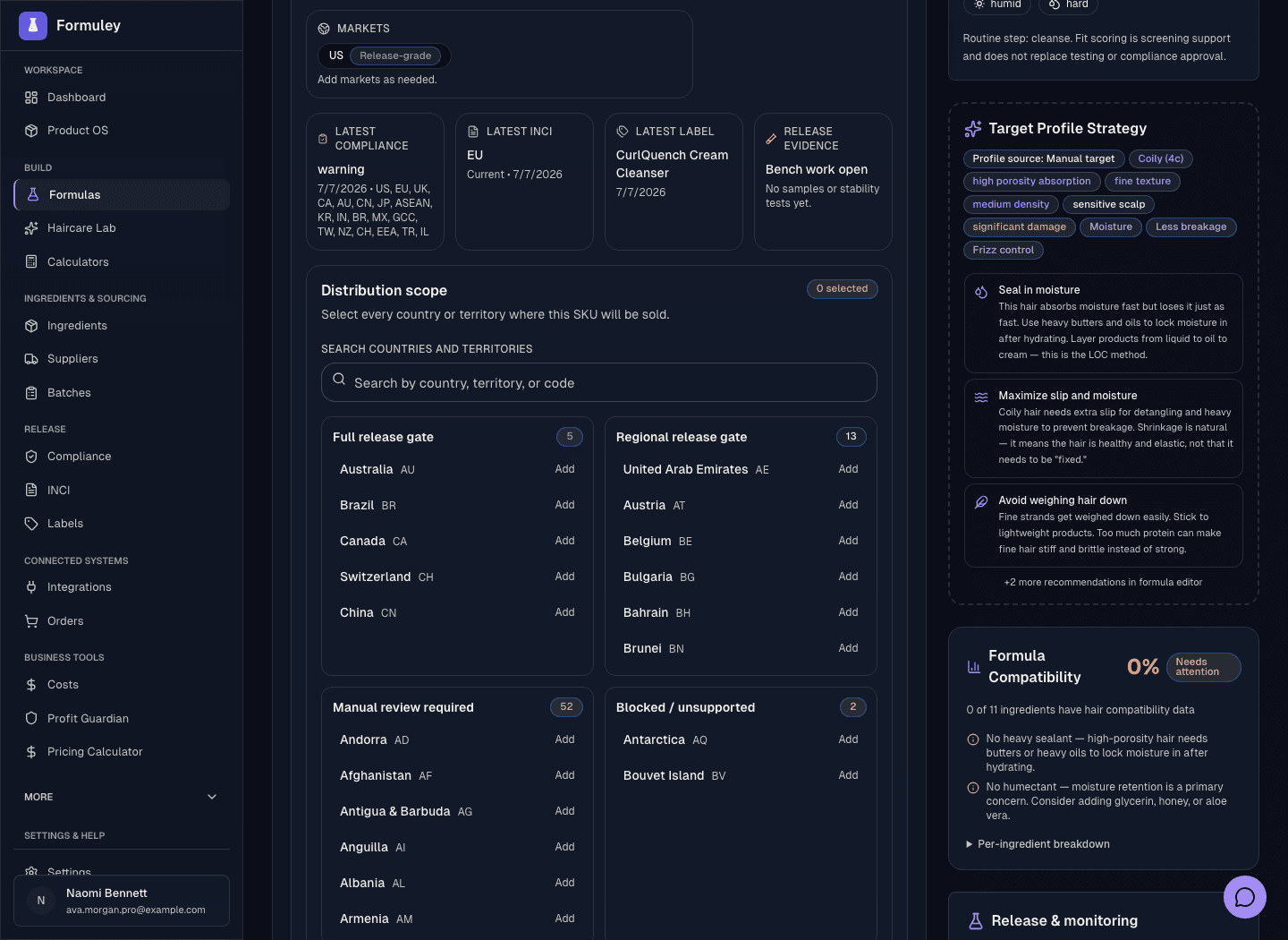 Formuley haircare formula screen for CurlQuench Cream Cleanser showing target profile strategy, haircare fit scoring, and profile-driven formula warnings.
