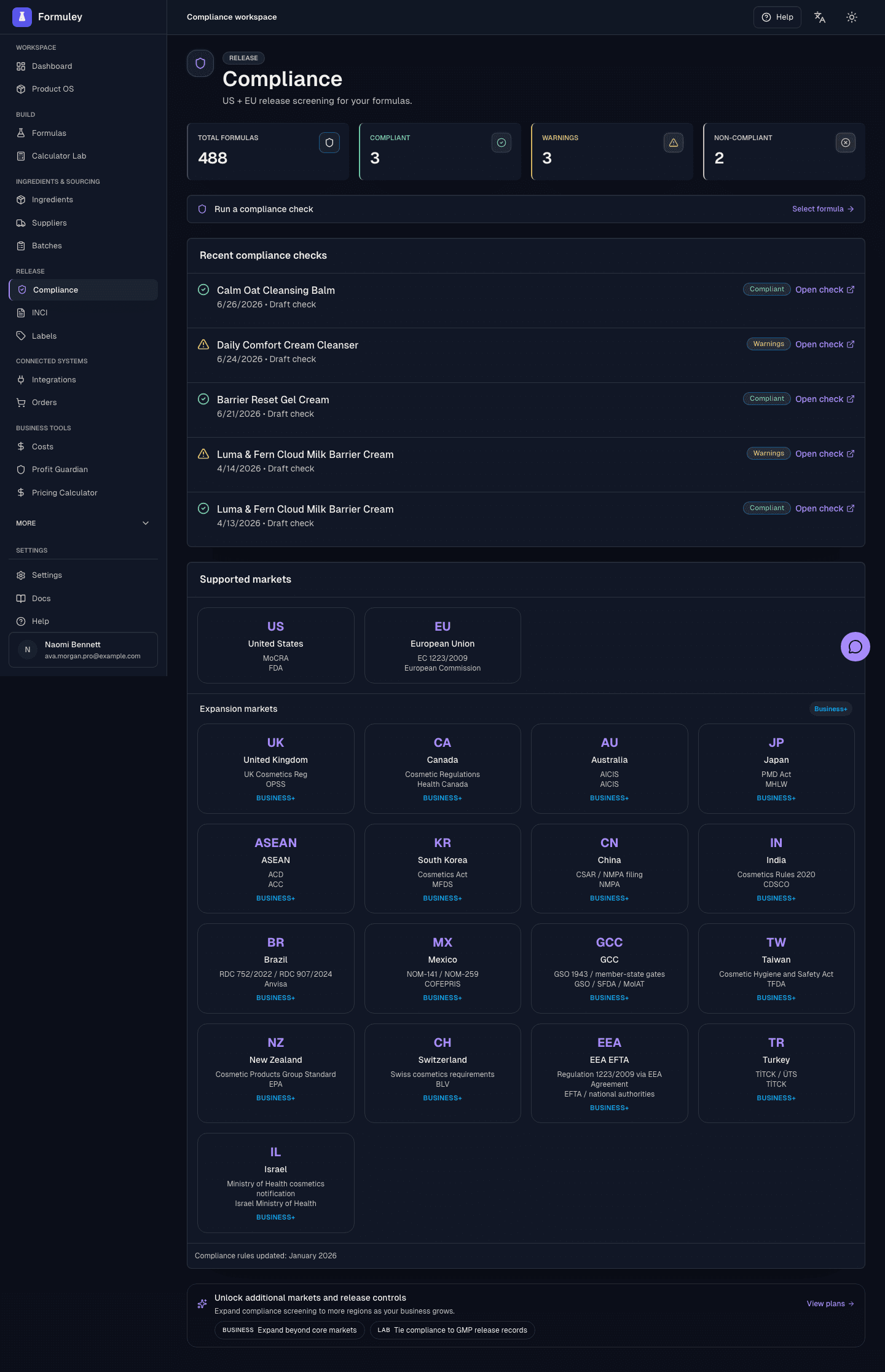 Formuley Pro compliance workspace showing formula context, target market selection, regional checks, warning-level review, and label readiness.