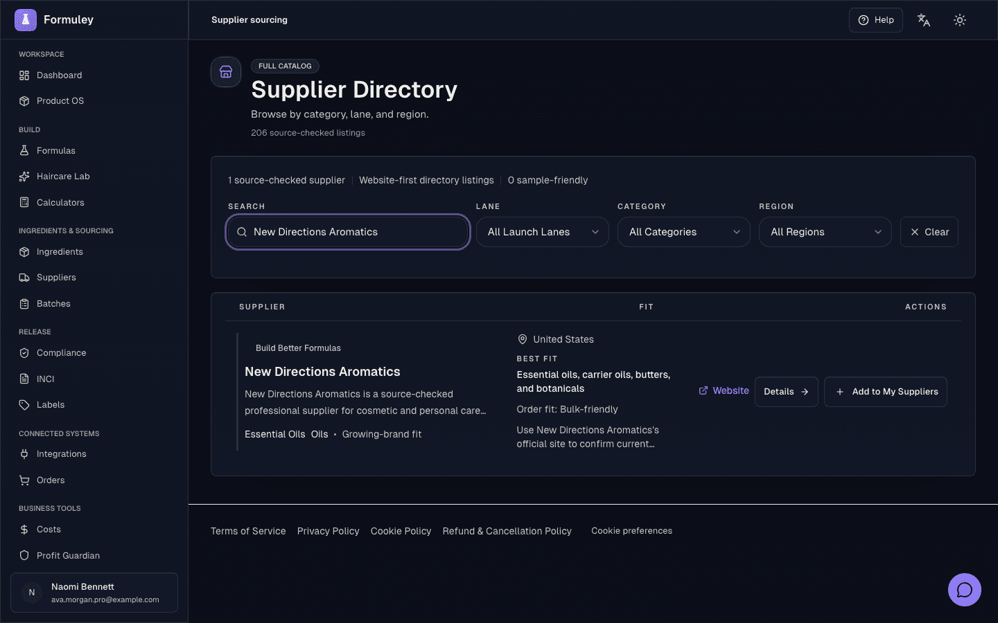 Formuley Pro supplier directory showing source-checked suppliers, current Website and Details actions, and purchasing context for a founder-led product workflow.