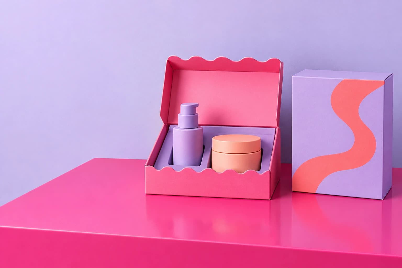 Lilac bottle and skincare jar in a vivid pink launch presentation