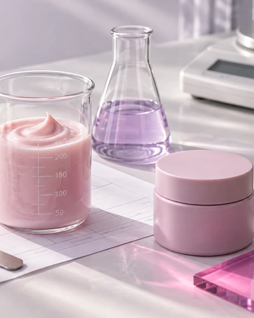 Cosmetic formulation bench with a blush cream, laboratory vessels, a scale, and finished pastel packaging