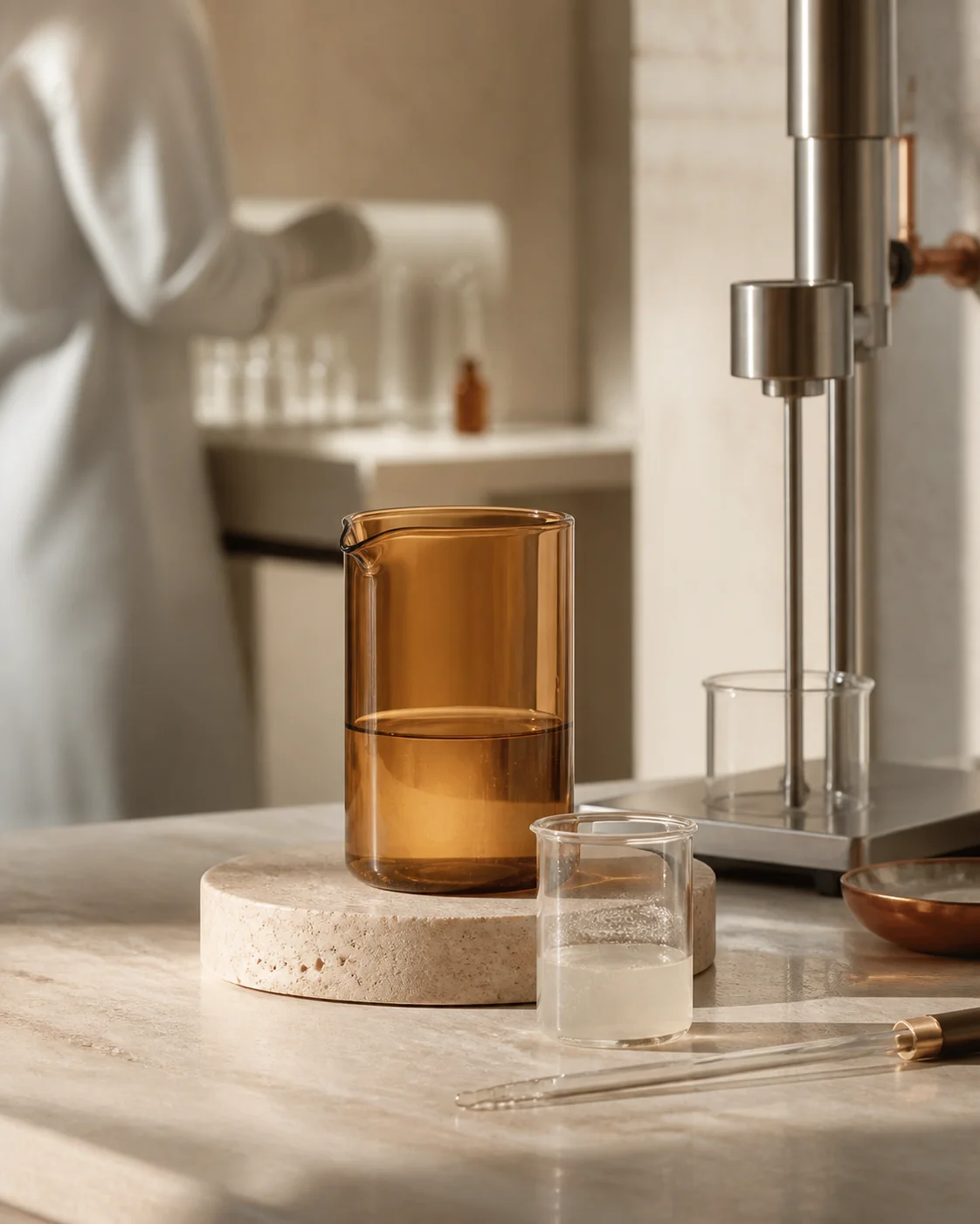 Amber glass beaker and laboratory mixer on a formulation bench