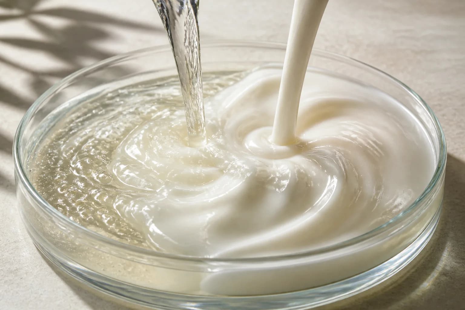 Oil and cream meeting in a glass mixing dish