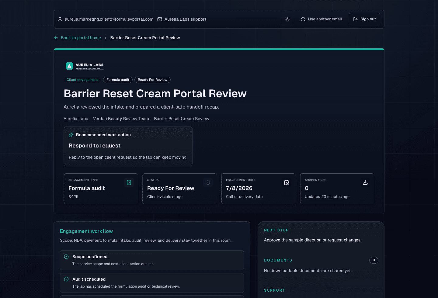 Aurelia Labs client portal room showing recommended next action, approval context, shared files, and client-safe update history.