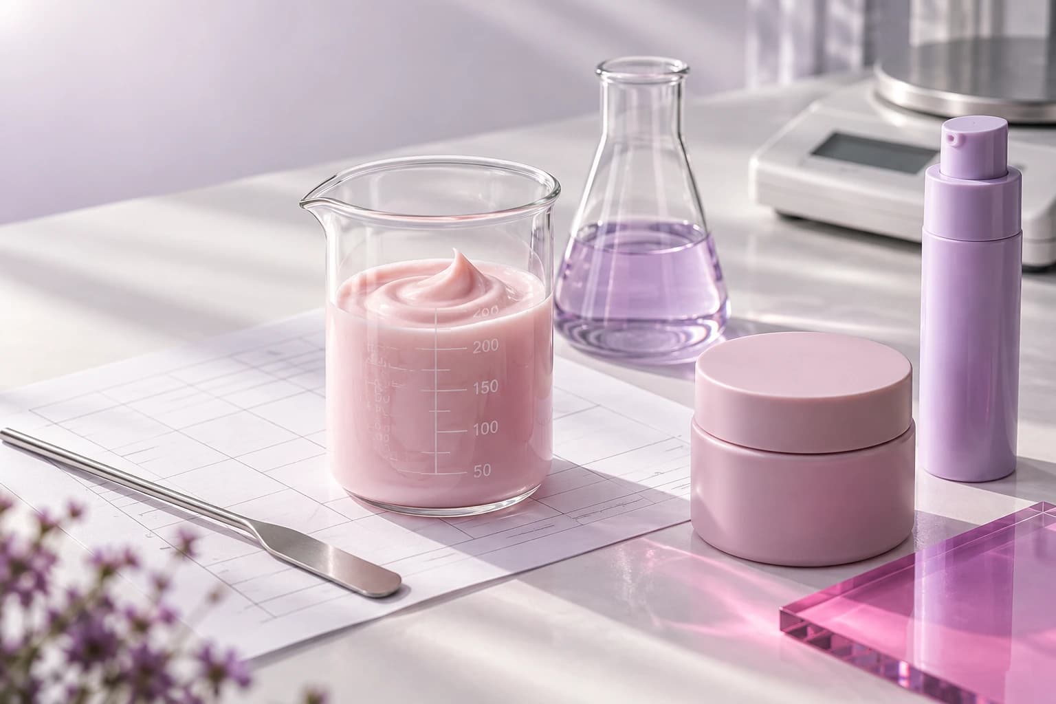 Cosmetic formulas, materials, and working notes arranged on a formulation bench