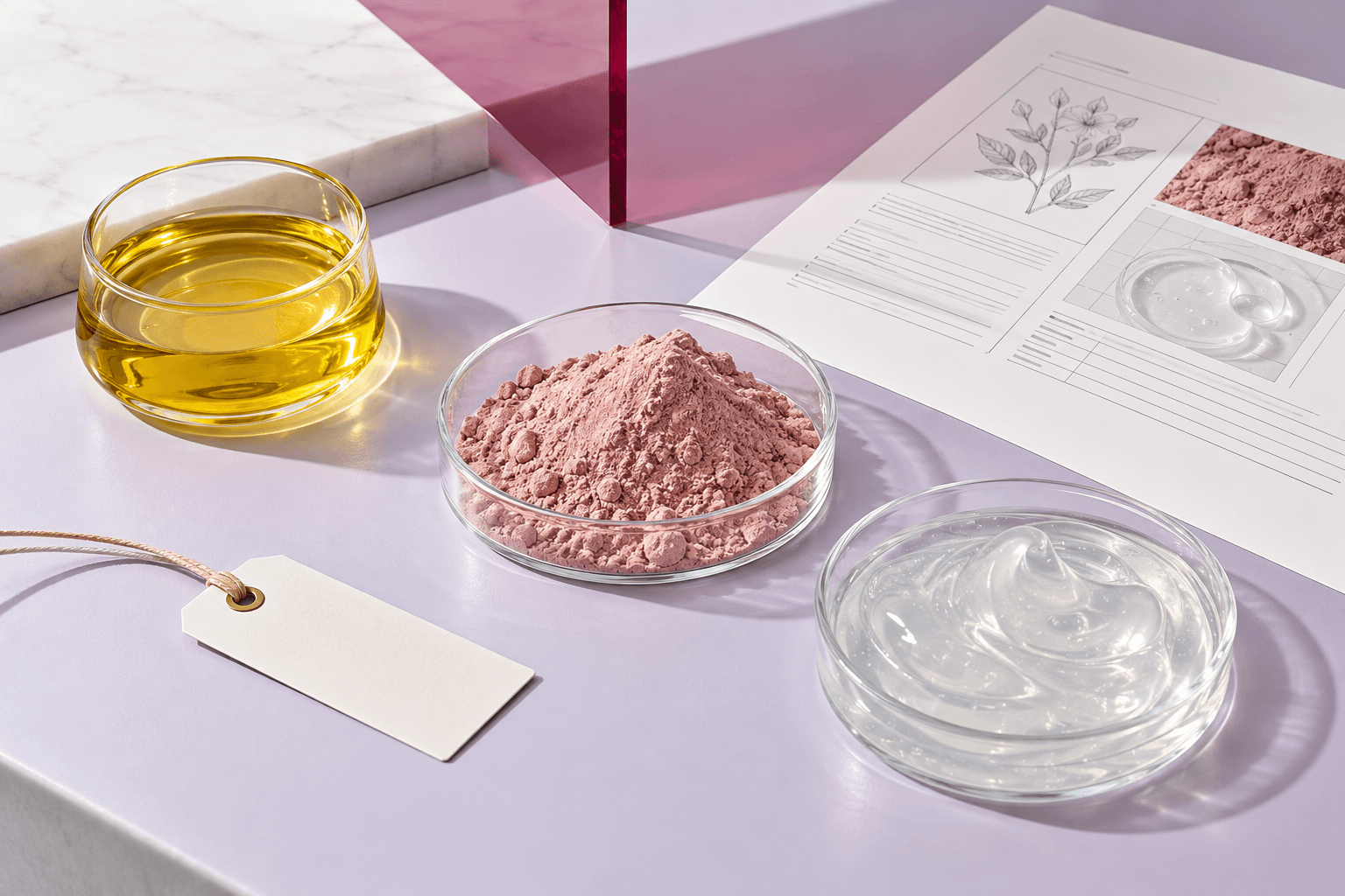 Golden oil, rose powder, and clear gel samples arranged beside a technical material record