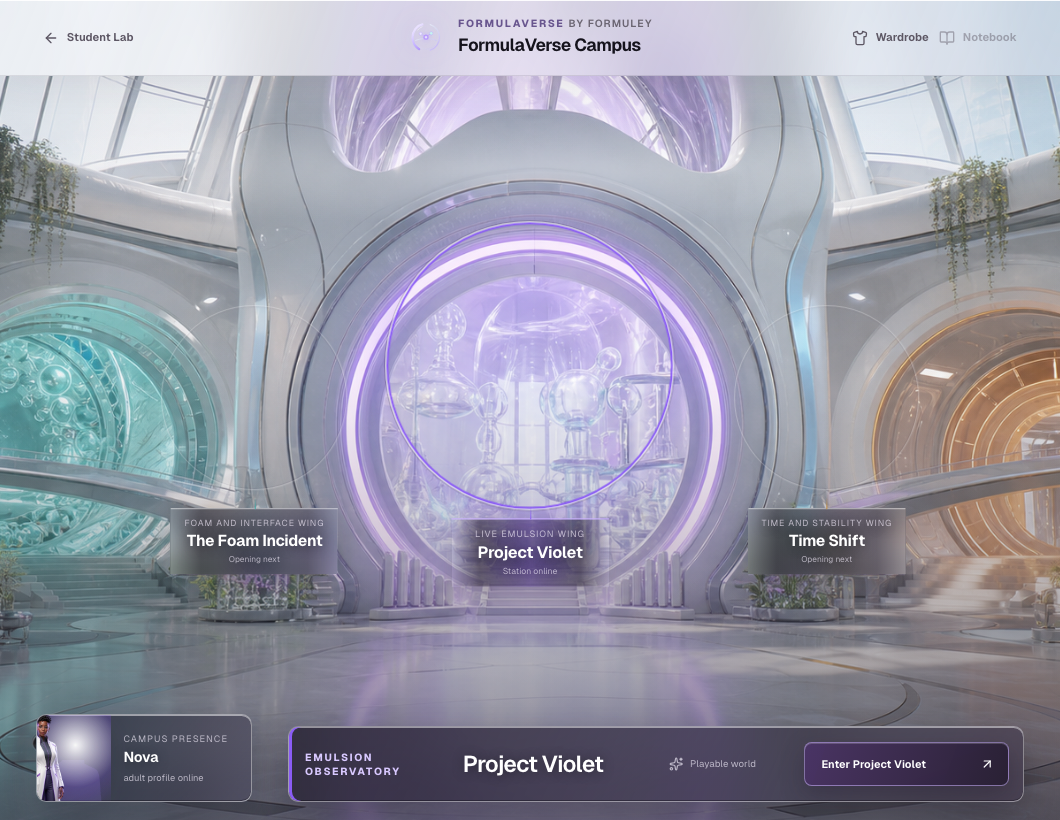 Softly blurred preview of the planned FormulaVerse Campus, a student chemist, and the entrance to Project Violet.