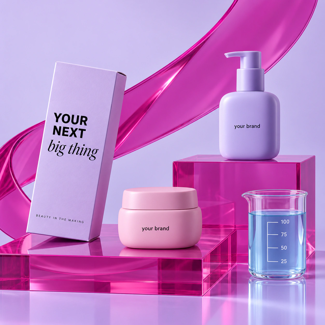 A lilac haircare bottle, tilted Your Next Big Thing carton, pink skincare jar and laboratory beaker on vivid fuchsia acrylic